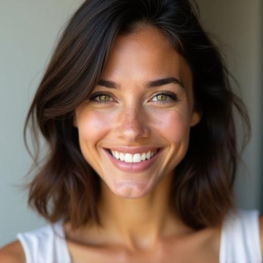 A close-up photograph of a smiling woman featuring medium skin tone with shoulder-length dark brown hair and green eyes dressed in a white top.