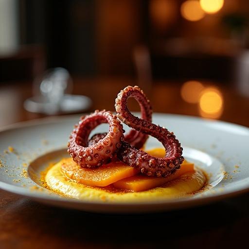 Stunning photo-quality image of roasted octopus tentacles on puree plate. Dish features roasted pumpkin slices, turmeric powder, in a luxurious restaurant setting. Soft ambient lighting highlights the texture and colors of the food with a dark baroque background.