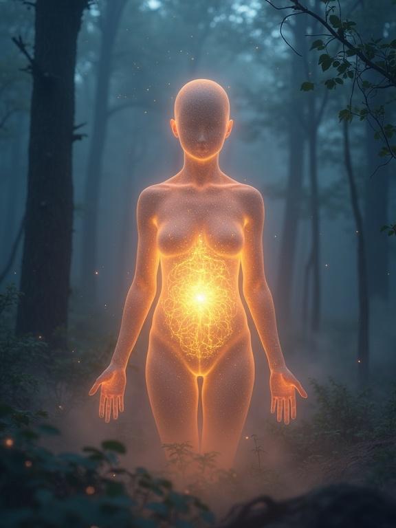 Surreal and dreamlike illustration in a misty forest. Glowing ethereal human figure with radiant light in the abdomen. Warm golden pulses symbolizing intuition. Softly lit twilight ambiance. Delicate swirling patterns blending with mist. Calm and mystical scene with sparkles and subtle natural elements.
