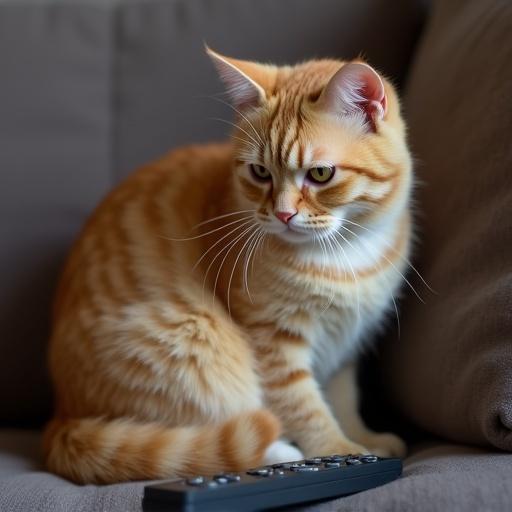 Peach-colored cat sits on a sofa. Cat stares intently at remote control in front.