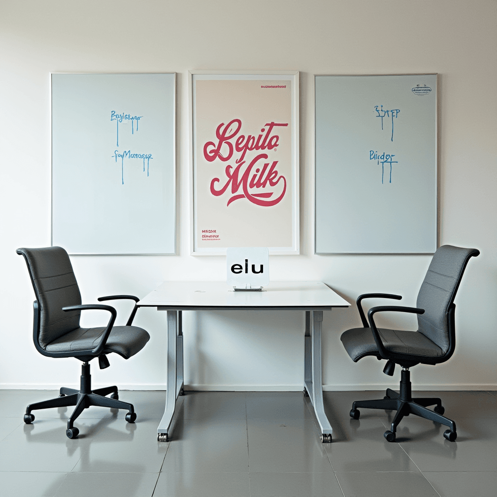 A minimalistic office setup with a white desk, two chairs, and artistic wall art.