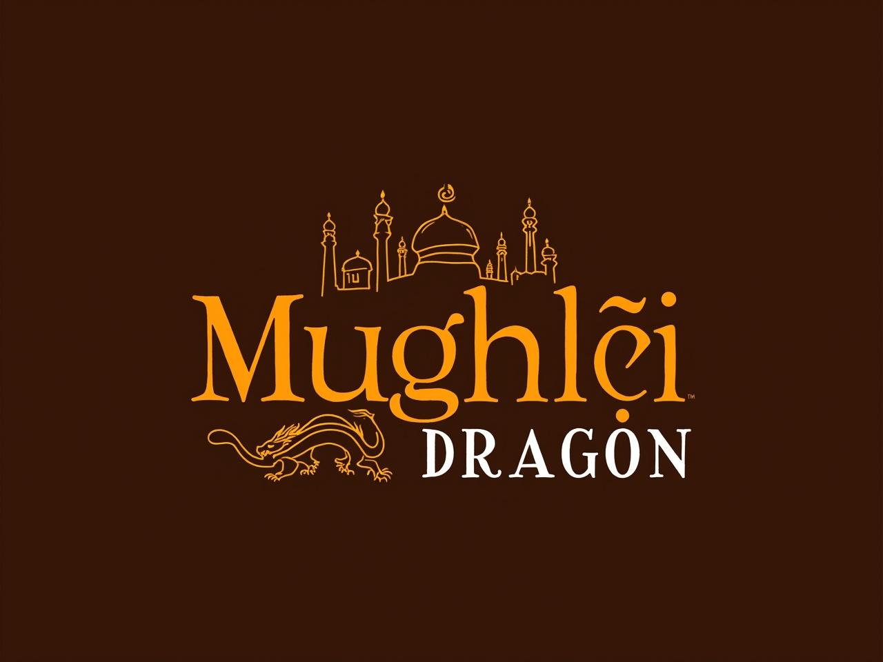 The image features a stylized logo. The word 'Mughlāi' is prominently displayed in a bold, elegant orange font at the top. Above the text, there are outlines of architectural elements such as a dome and a minaret, suggesting a cultural theme. Below, the word 'Dragon' is in a contrasting white font, possibly indicating the name of a restaurant or brand. Next to the word 'Dragon', there is an artistic depiction of a dragon, enhancing the fantasy or mythical aspect of the logo. The background is a deep brown color, which allows the orange and white elements to stand out.