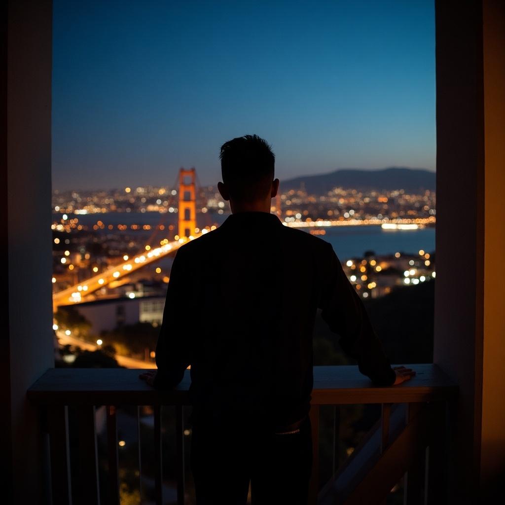 A man stands on a balcony, gazing out at the vibrant city lights of San Francisco. The Golden Gate Bridge is visible in the distance, illuminated against the night sky. The atmosphere is calm and reflective as the city buzzes with activity below. Soft ambient lighting enhances the view, drawing attention to the city's iconic skyline. This scene captures the beauty of urban life at night, evoking feelings of wonder and inspiration.