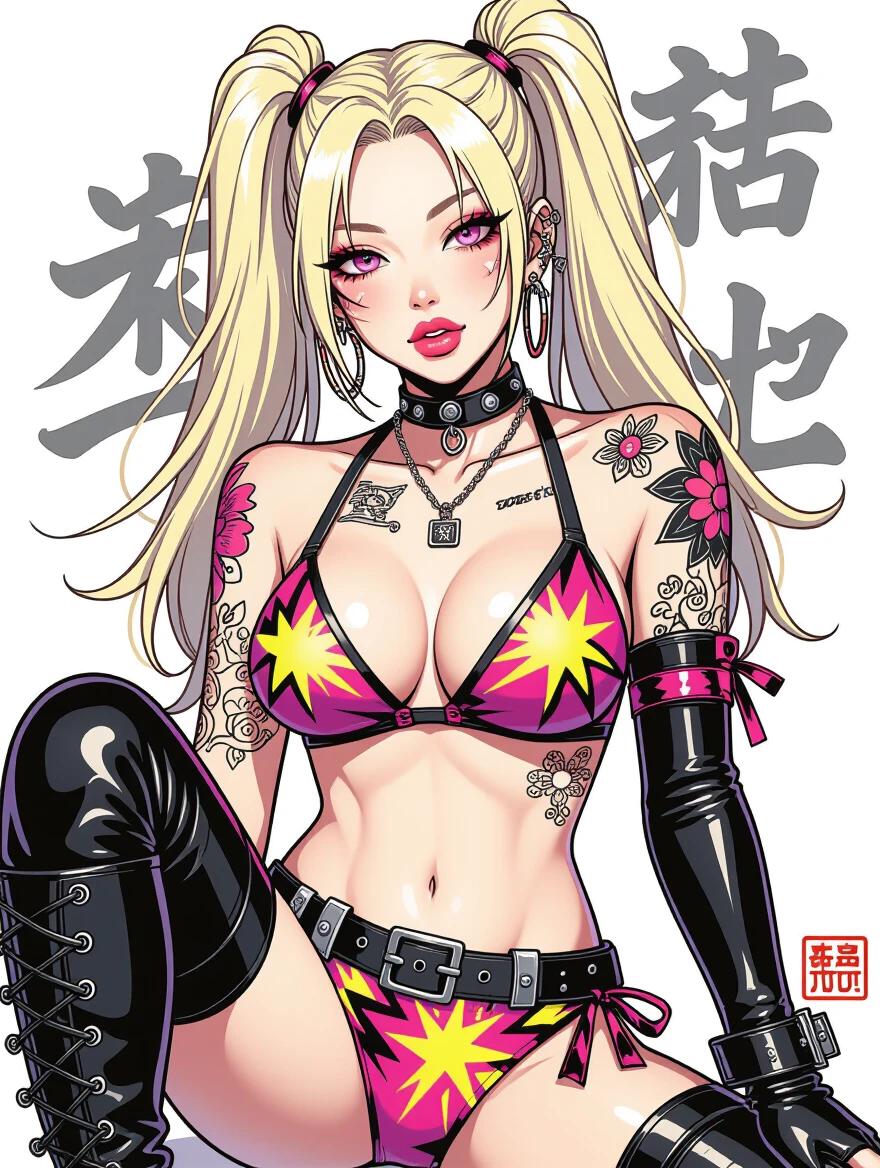 Hot Asian cyberpunk model wearing a bright bikini. Model has a high blonde ponytail and bold makeup. Features tattoos and high boots. Art style resembles black and white comics. Model looks daring while appearing blushing.