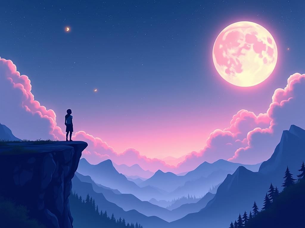 Create a serene night sky as the background. Use a large glowing moon and pastel clouds. Include animated twinkling stars. Capture a figure on the cliff. Add a soft glowing camera frame. Design a chat box with translucent colors. Position alerts resembling clouds and stars. Use cursive for stream labels. Incorporate shooting stars for transitions.