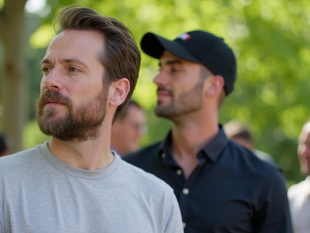 The image shows two men outdoors, likely at a social gathering. One man in the foreground has a blurred face and is wearing a light gray shirt. He has facial hair and appears to be looking towards something out of frame. In the background, another man can be seen, wearing a black cap and a dark shirt. The setting looks bright and green, suggesting a pleasant environment, possibly a park or garden.