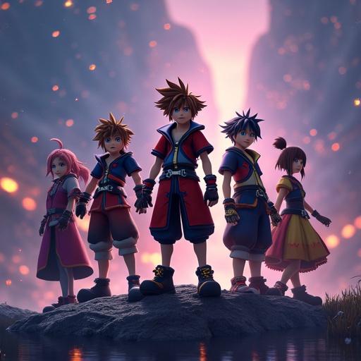 Group of characters from Kingdom Hearts 4 in a dynamic pose. They face forward with determination. Background features a magical landscape with glowing particles. The art style is modern and cinematic, optimized for mobile screens with sharp details and rich colors.