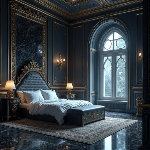 Anime still frame depicting a luxurious sci-fi bedroom. Features a cradle as the focal point. Incorporates gothic architectural elements and elegant design. The interiors include reflective marbles and black opals. Shot is cinematic with dramatic lighting.
