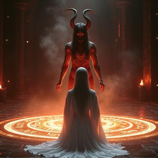 Kneeling female summoner with serene face. Long silver hair and white ceremonial robe with silver runes. Behind her, seductive female demon with crimson skin and black hair. Demon has obsidian horns and golden eyes. Dark obsidian ritual chamber with warm red and gold lighting. Embers, feathers, and mist add atmosphere.