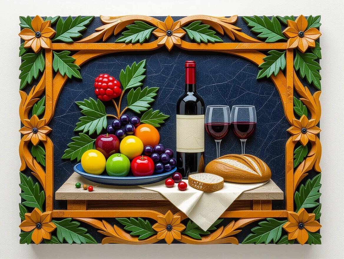 Relief carved artwork in polychrome stone. Table presents a colorful still life of fruits including apples and grapes. A wine bottle stands beside two glasses of red wine. A loaf of bread is also on the table. High-definition and detailed design.