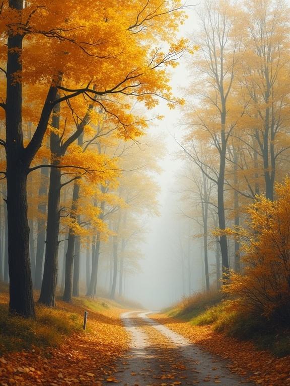 Photorealistic scene depicting a winding path through an autumn forest. Vibrant yellow and orange leaves cover the trees and ground. Fog envelops the landscape creating serenity and solitude. The image evokes historical transitions and changes.