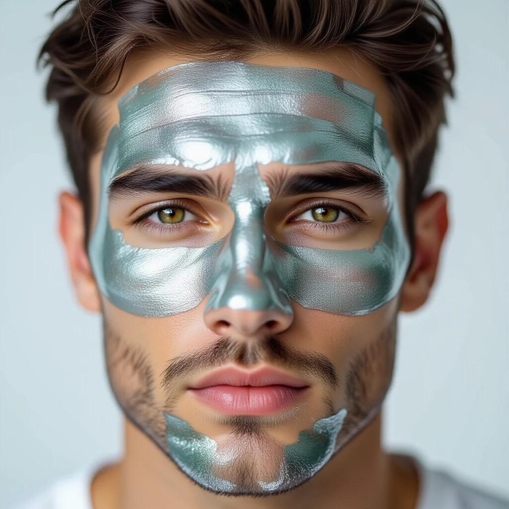 A man is wearing a mask that covers his entire face. The mask has a reflective quality resembling a mirror. This creates an intriguing visual effect. The background is minimalistic to highlight the subject.