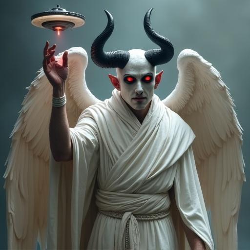 A white devil with wings and black horns is covered in a flowing garment. Shiny red eyes gaze from the figure as it holds a hand above a saucer-shaped UFO.