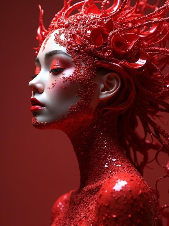 A hyper-detailed 3D portrait of a model with red strings and textures. The composition emphasizes zentangle techniques and Droste effect. The overall look is shiny with a femme fatale theme.