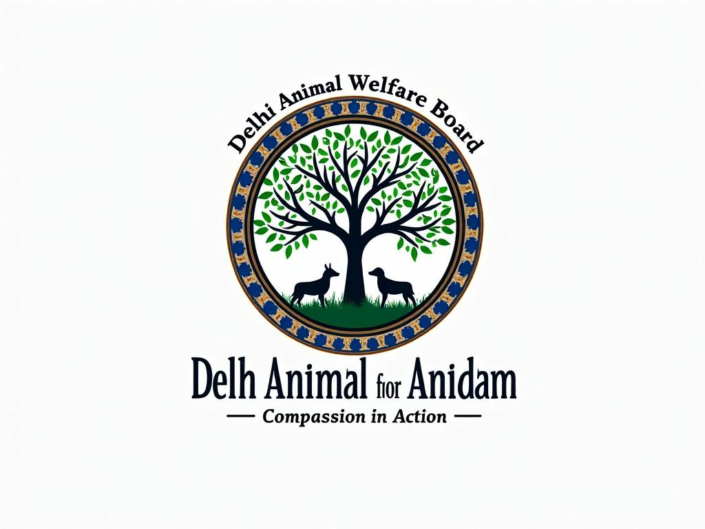 A logo with a central tree, featuring silhouettes of two animals beneath it, surrounded by a decorative border with paw prints and text reading 'Delhi Animal Welfare Board' and 'Compassion in Action'.