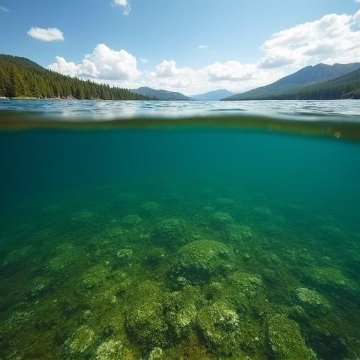 Underwater perspective of a lake showing the lake bed covered with algae. Surrounding mountains and trees visible above the waterline. Clear turquoise water. Bright sunlight illuminating the scene from above.