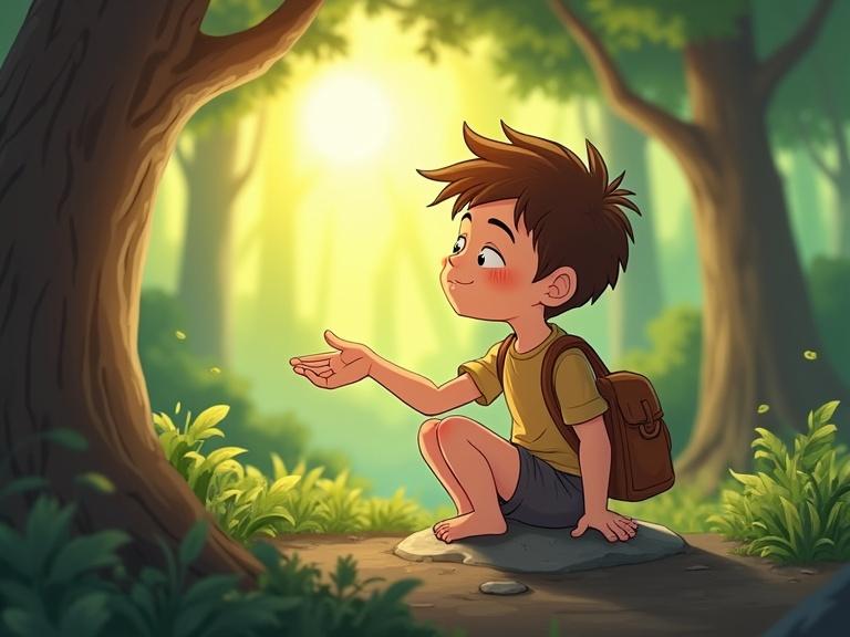 A cartoon scene featuring a young boy in a forest. The boy is about seven years old with innocent features and wide eyes. He wears simple clothes and carries a small bag. He sits on a rock near a tree with sunlight touching his hand and eyes closed.