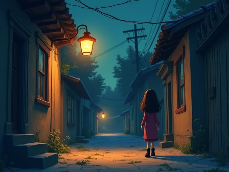 Cartoon scene featuring a girl passing by an alley looking at a lamp during nighttime