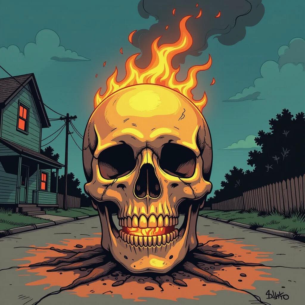 A flaming skull in a bizarre cartoonish setting. An old house is seen in the background. The ground is cracked where the skull emerges. The style resembles vintage comics with bold outlines and vivid colors.