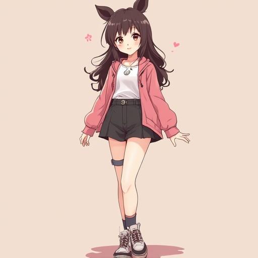 Anime style illustration of a cute modern girl with cat ears wearing a pink hoodie and shorts. She has long dark hair and is standing in a relaxed pose.