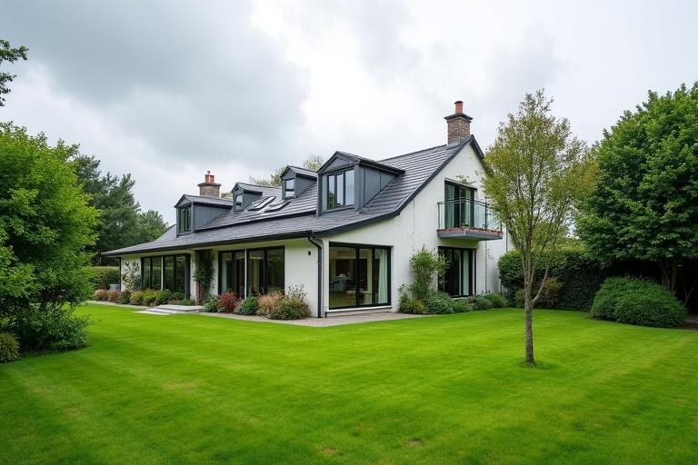 Irish home with a large green garden taking up most of the left side of the image. No greenery on the house. Modern design with large windows.