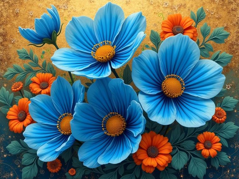 Vibrant bouquet of blue flowers on an Art Nouveau background. Sharp and soft focus with intricate details. Sparkling high resolution art. Blue flowers with coral orange accents. Deep Indigo centers transitioning to light teal. Yellow stamen in the flowers. Glassy background with swirly gold patterns. Detailed green and gold leaves.