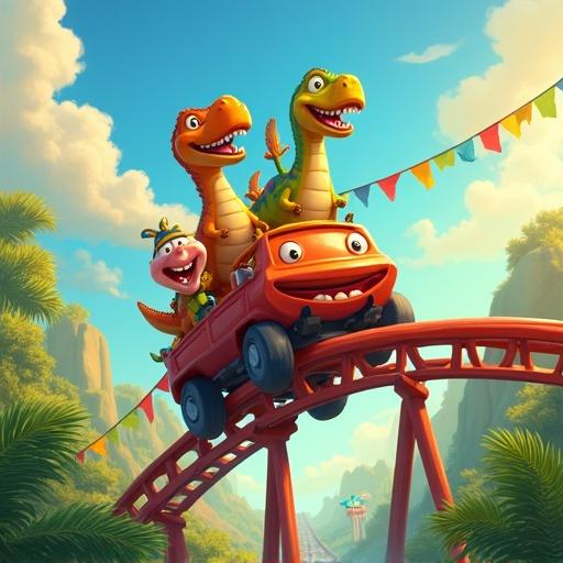 A lively scene of cartoonish dinosaurs riding a roller coaster in an amusement park. The background shows lush greenery and colorful banners. Bright sunlight illuminates the joyful expressions. Wide smiles on the dinosaurs highlight excitement and adventure.