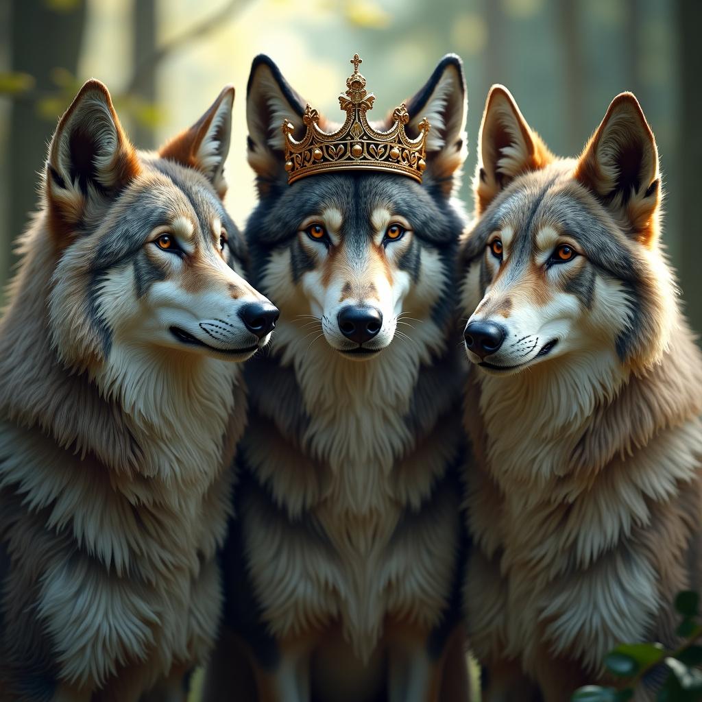 Image shows trio of wolf-like creatures. One wolf wears an ornate metallic crown. Vivid, regal fur and noble expressions. Set in a lush forest with natural setting.