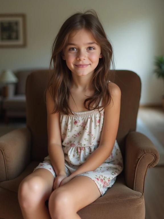 Indoor living room setting with a teenage girl sitting on a chair. Girl wears a mini sundress with floral patterns. The space is warm and inviting. Natural light illuminates the scene. The girl has a relaxed pose with visible legs. A cozy atmosphere enhances the image.
