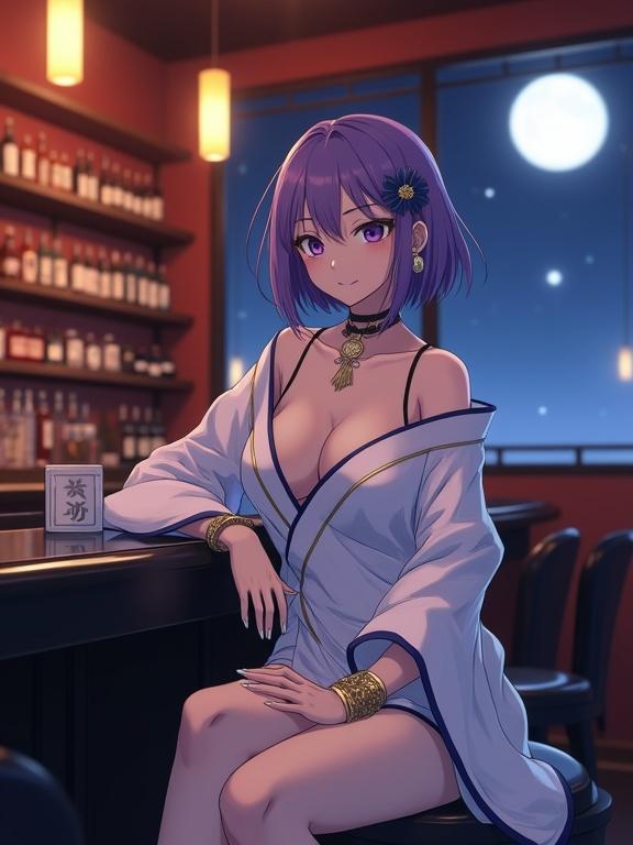 Cinematic anime rendering featuring a Japanese woman with violet bob hair and striking eyes seated at a bar. She wears a white kimono with wave patterns and elegant accessories. Soft lighting creates a warm ambiance with bar shelves in the background and a moonlit window.