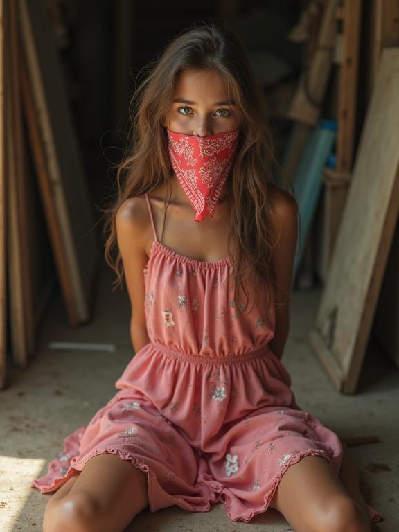 Photorealistic image of a young girl sitting in a cluttered storage room. She has long brown hair and green eyes. She wears a pink floral sun dress. Her arms are behind her back, and a red bandana is tied between her lips. Natural light highlights her features.
