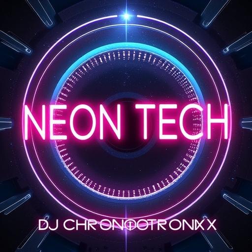 Neon Tech Album Cover for Techno Trance. Title is Neon Tech. Featuring DJ Chronotronixx. Bright neon lights. Circular design with text in the center.