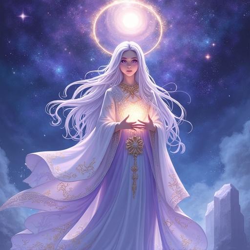 Celestial sorceress with long silver hair stands in power. Violet eyes glow with wisdom. Wears white and lavender robe with gold constellations. Above her is a glowing celestial ring. Surrounded by gemstones and shooting stars. Nebula backdrop in purples and blues. Cradles an orb of starlight. Anime and fantasy realism style. Majestic tranquility emanates from her stance.