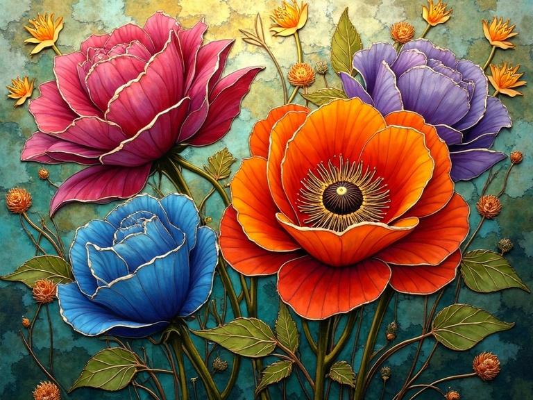 Stylized roses made of colorful stained glass. Flowers in purple, orange, magenta, red, and blue. Dark centers transitioning to lighter hues on petals. Background with iridescent greens, muted orange, yellow. Abstract color blending provides depth. Translucent, shiny petals with intricate leaves in green and yellow. Decorative gold elements present. High resolution with intricate detail.