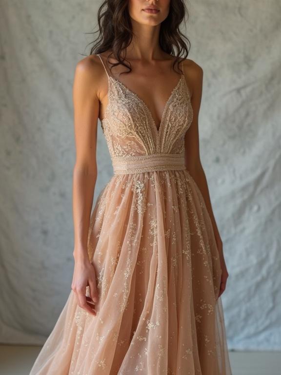 Dress features delicate lace and embroidery. Soft flowing fabric in a neutral tone. Light captures the beauty of the attire. Model stands confidently posing.