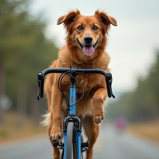 A dog happily riding a bicycle. The dog has a joyful expression. Bright day with a blurred background of trees and path.