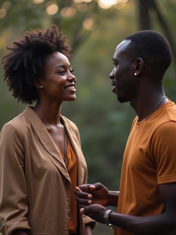 Diverse couple engaged in a warm conversation outdoors. Man wearing an orange t-shirt. Woman with an afro hairstyle in a beige jacket. Green foliage in the background. Connection and joy visible in their expressions.