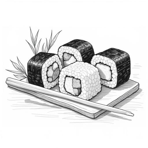 Black and white line art illustration of makizushi. Four sushi rolls presented. Texture of sushi rice and dark nori visible. Chopsticks nearby. Decorative leaves included. Clean lines and hatching style. Close-up shot in high angle.
