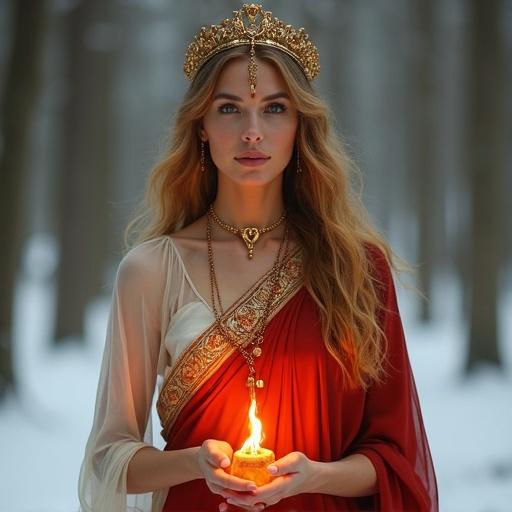 Goddess representing fire spirit stands facing forward. She has a serene loving expression and high cheekbones. Eyes glow ember-orange. A flickering flame sigil adorns her forehead. A golden tiara shaped like a hearth rests on her head. Hair flows in amber flame-like waves. She wears a platinum and deep crimson silk robe that is knee-length at the front and flows asymmetrically at the back. One shoulder is bare. She is adorned with gold and amber jewels featuring lantern motifs. In her hands, she holds a small flickering flame. The background is a snowy mystical forest, creating a sacred and warm atmosphere.