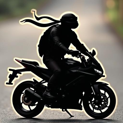 Silhouette of a motorcycle rider inspired by Donatello from Ninja Turtles. Rider wears a helmet and scarf. Bike features a sporty design.
