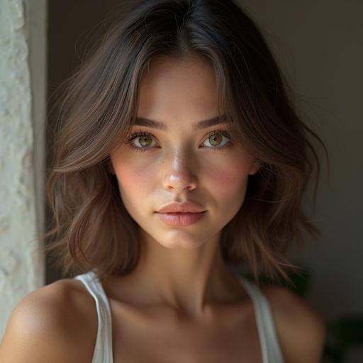 Portrait of a young woman with soft, natural features. Close-up shot focusing on the face. Natural light illuminating the skin tone and expression.
