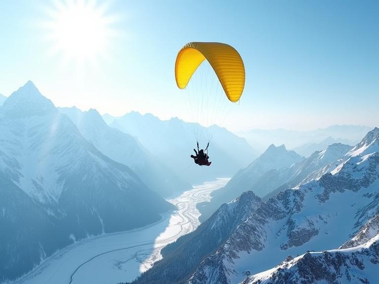 Photograph featuring a paraglider soaring over majestic snowy mountains. The bright yellow paraglider contrasts sharply with the white snow. The scene captures a person flying high in the air against a clear blue sky with soft sunlight. Rugged mountain terrain stretches in the background, evoking a sense of height and freedom. The composition highlights the textures of the mountains, creating a serene and adventurous atmosphere.