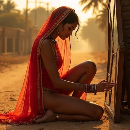 A woman in a crimson-silk bodysuit kneels in a dusty roadside temple. She wears a gauzy silk veil and has a shimmering gaze. Hands trace a broken mirror. A single tear falls, blending into dust. Stilettos ground her to the earth with a blurred vendor's cart in the background. Tiny ants march across the mirror.