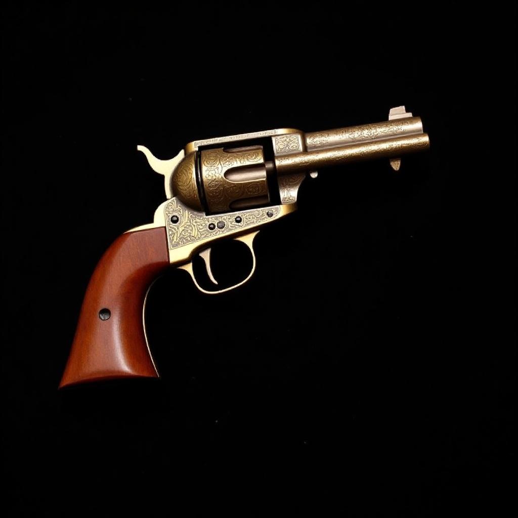 The image features a beautifully crafted revolver with intricate engravings. The handle is made of polished wood, contrasting with the bronze metal of the gun body. This vintage firearm is showcased against a black background, allowing for dramatic lighting effects. The angle gives a clear view of the cylinder and the trigger. It embodies a sense of history and craftsmanship, perfect for collectors or historical enthusiasts.