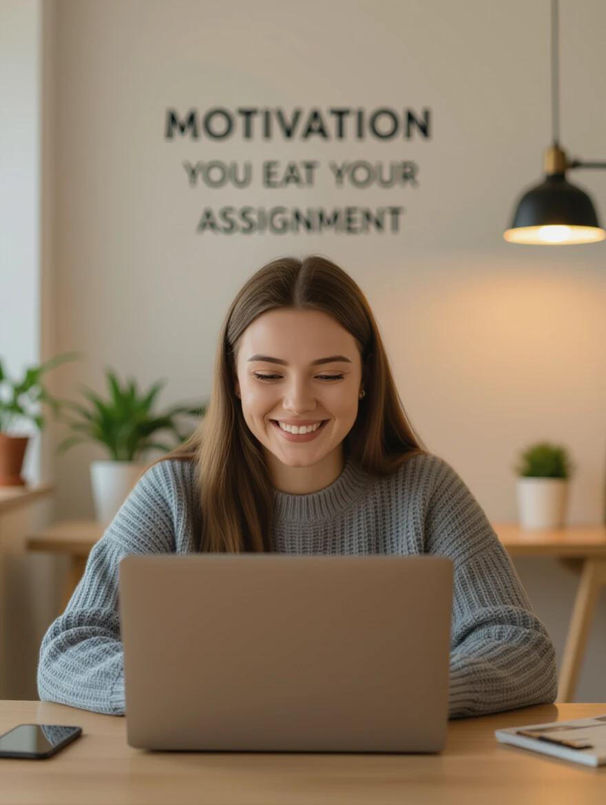 Student smiling while working on a laptop. Motivational quote visible on the wall. Quiet and serene study atmosphere. Warm lighting highlights positivity.