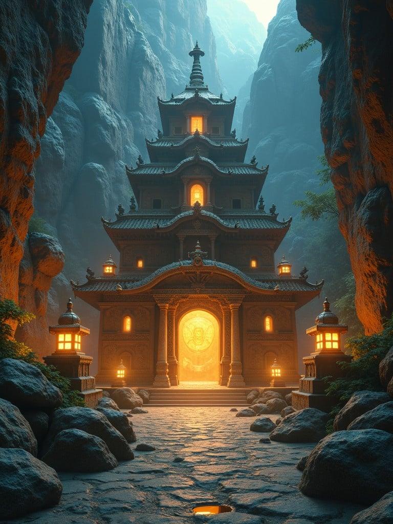 Intricate temple built into a rocky canyon surrounded by large stones. Lanterns illuminate the pathway leading to the temple entrance. Warm glow radiates from inside with a detailed façade. Mist in the air adds to the mystery.