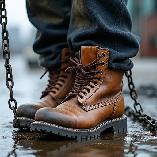 A close-up view of dockworker's boots. The brown leather boots are crusted with salt. Boots are drying on chain links. The background shows a blurred dock environment. There are puddles on the ground. The photograph captures an industrial rustic vibe.