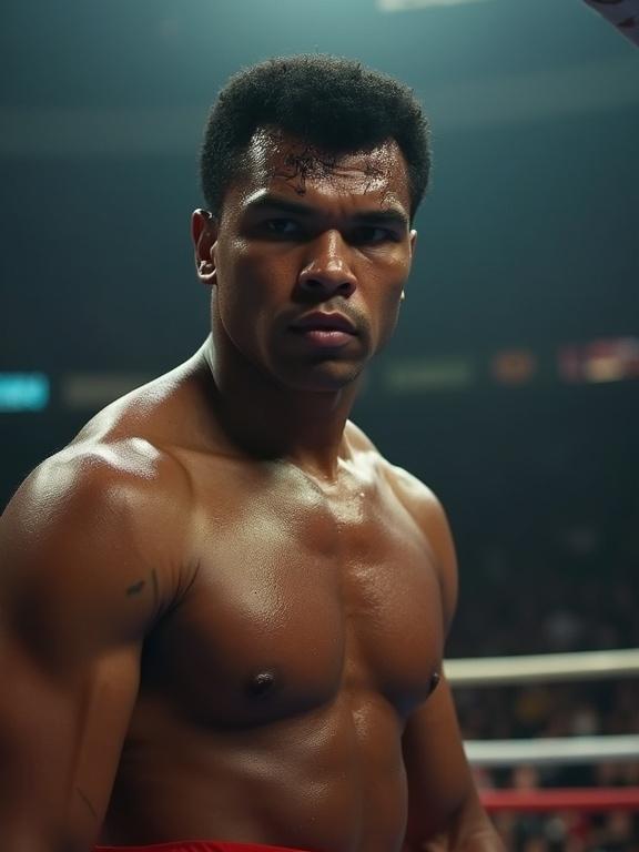 Cinematic close-up portrait of a boxer shirtless in a boxing ring. Athlete stands after a fight. Body glistens with sweat. Background features moody crowd lights and mist. Atmosphere reflects calm after storm. Image radiates strength and resilience.