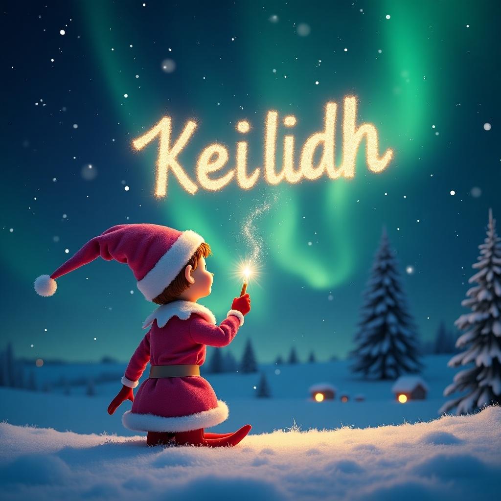 This image showcases an elf on the shelf positioned with its back to the viewer. The elf, with auburn hair dressed in a traditional pink outfit, is facing up towards a beautiful dark sky filled with vibrant northern lights. With a magic wand in hand, it is elegantly writing the name Keilidh in sparkling letters against the backdrop. The snowy ground adds a serene touch to the magical scene. The overall atmosphere is filled with wonder and holiday joy, perfect for capturing the essence of Christmas.