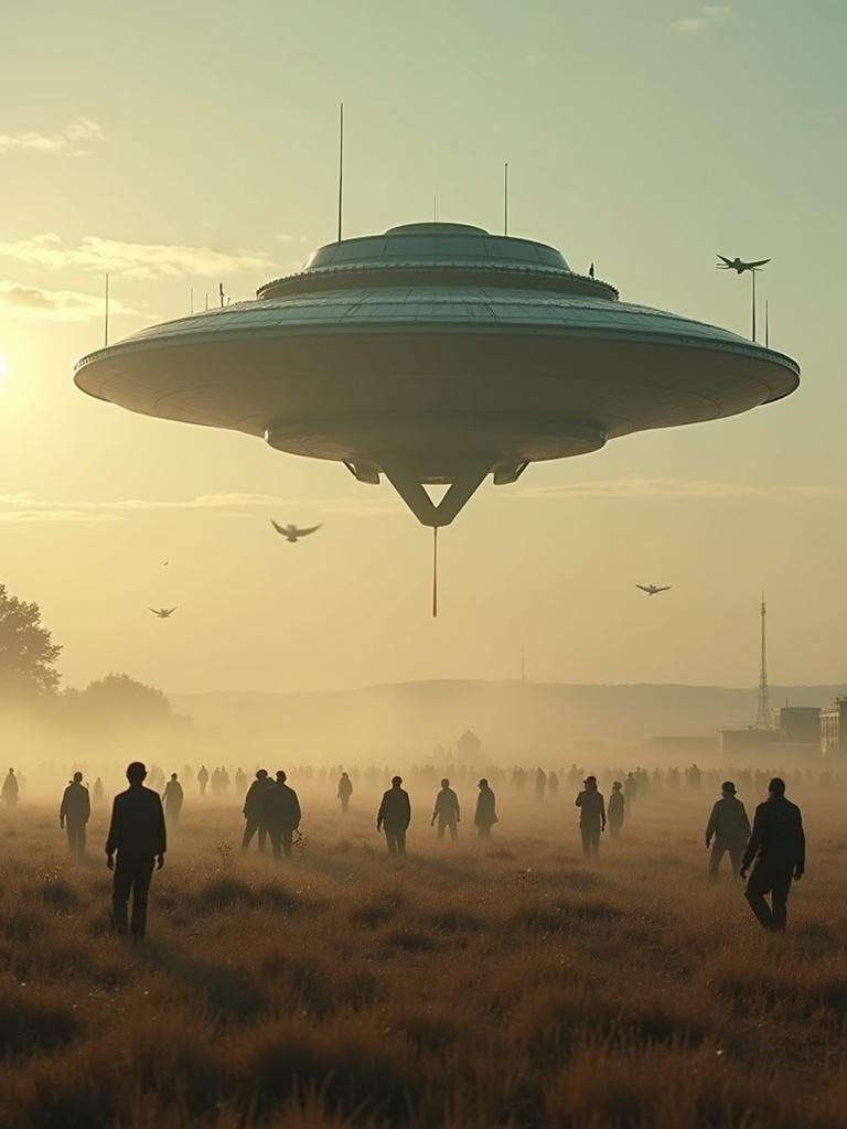 Image depicts aliens landing in a field with humans surrounding them. A UFO hovers above a group of people in a misty atmosphere during golden hour.